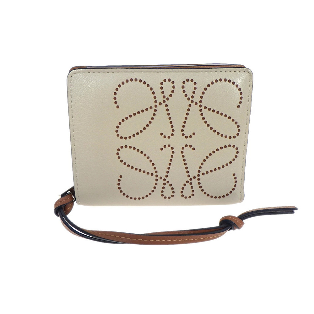 LOEWE Compact Zip Wallet Anagram Round Bi fold Calf Leather Beige Brown